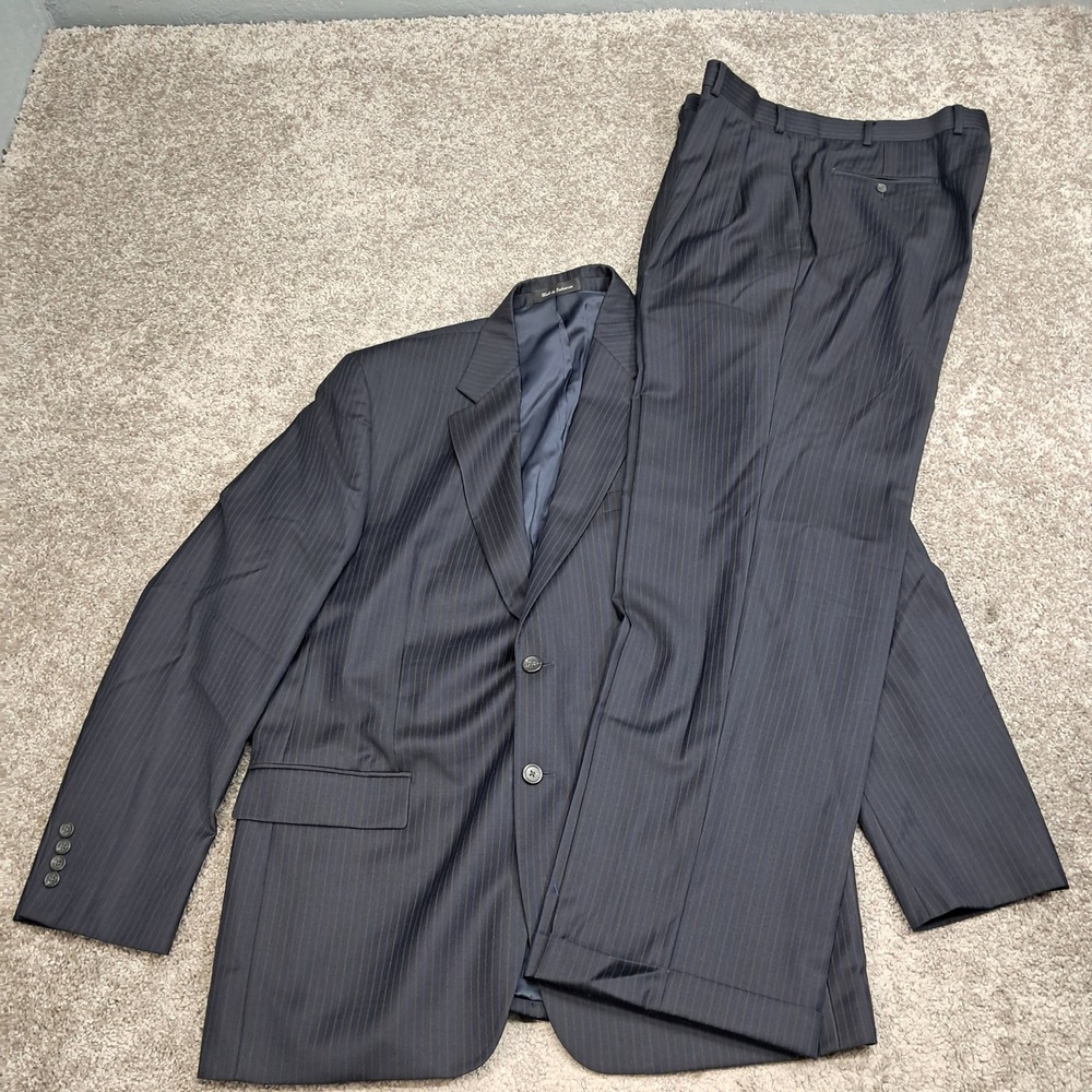Izod Mens 44L Navy Blue Pinstripe 100% Wool 2 Button Suit Pleated Cuffed 36x33